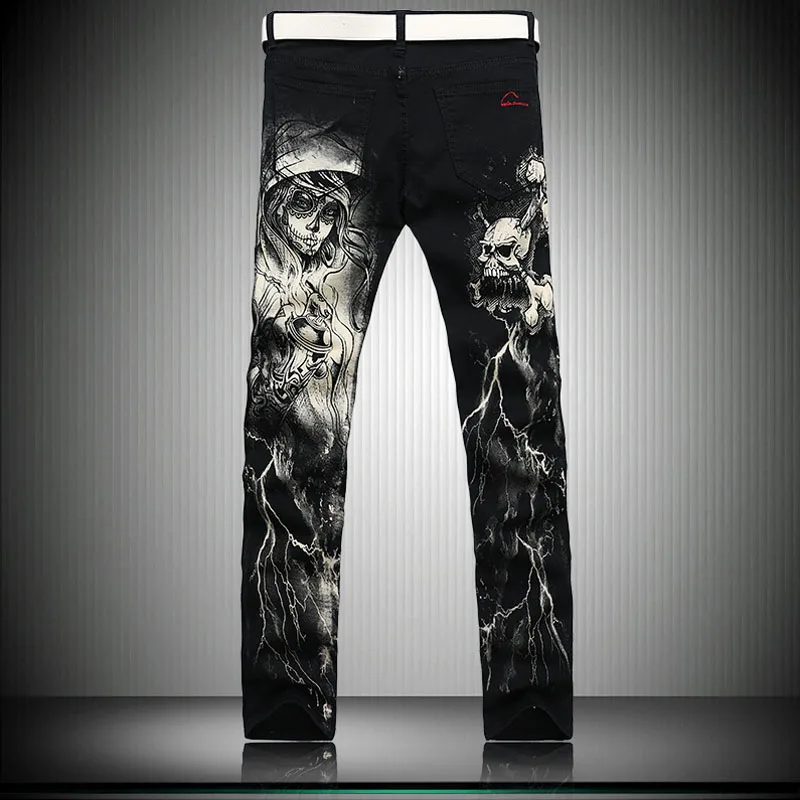 Новый 2016 мужская Печатные Джинсы Панк-Стиль Готический Окрашенные Хлопок Прямой