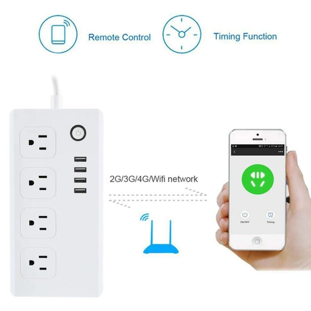 Умный удлинитель Wi Fi Alexa стабилизатор напряжения с 4 USB портами для зарядки и
