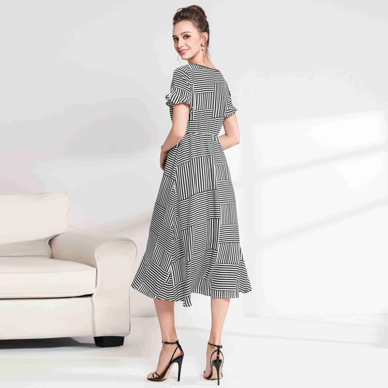 Размер-XL размера плюс размер платье в черно-белую полоску летнее до середины икры