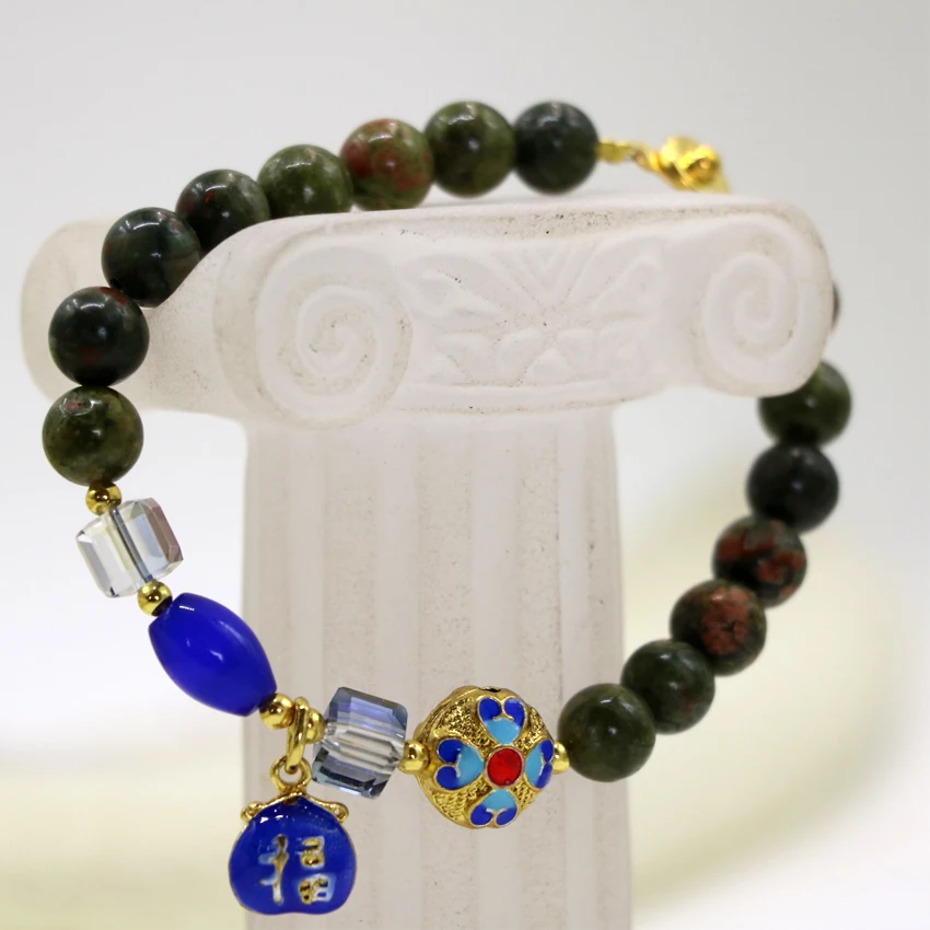 Оригинальный дизайн, 8 мм, круглые подвески из натурального unakite, браслеты для женщин с кошачьими глазами, cloisonne, новая мода, сделай сам, украшения, 7,5 дюйма, B2943