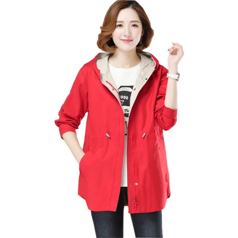 

Spring Autumn Female Casual Jackets Solid Color Hooded Loose Outwear Tops Women Windbreaker Plus Size Coats FP1530