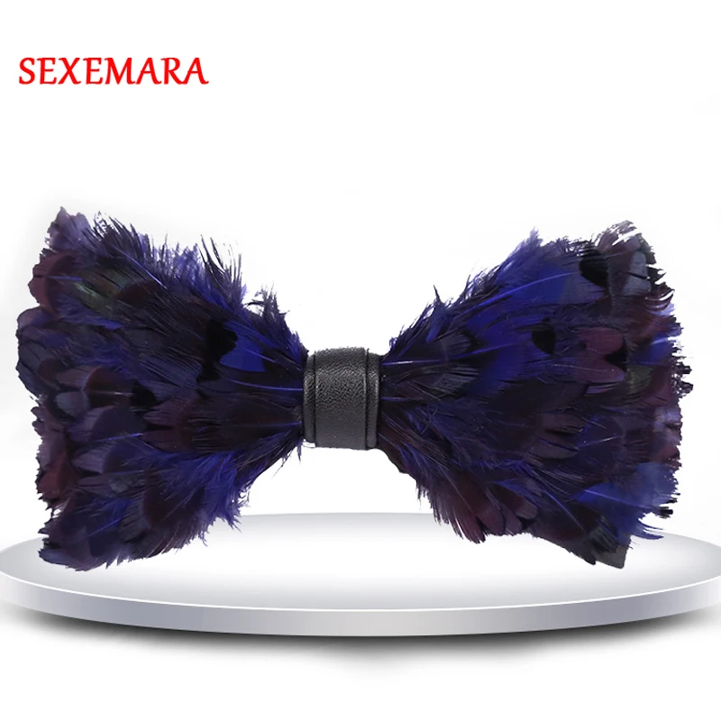 Новое поступление модные мужские вечерние галстук-бабочка с перьями Модные ручной работы темно-синий ночной клуб галстук-бабочка с перьями с подарочной коробкой