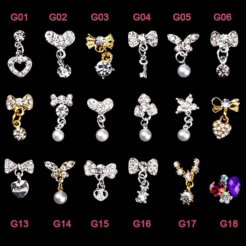 Silver Gold Color 3D Nail Art Decorations With Rhinestone Pearl Pendant Mixes Butterfly Heart Bow Tie Rhinestones LRX | Красота и