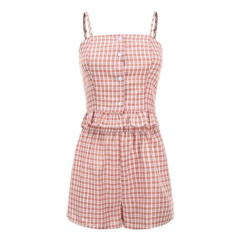 Summer hot new ruffled backless tube top female sling high waist plaid shorts casual fashion personality two-piece suit |