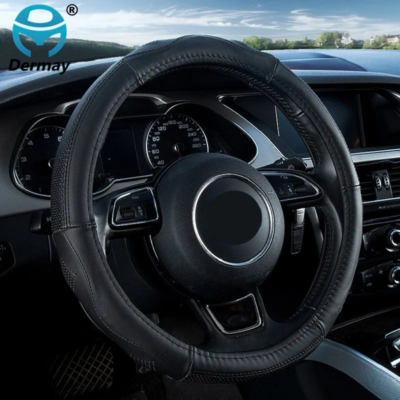 

DERMAY Genuine Leather Steering Wheel Cover NEW Arrival Breathable Antiskid Massage Embossed design size M fit 95% cars 4 typles