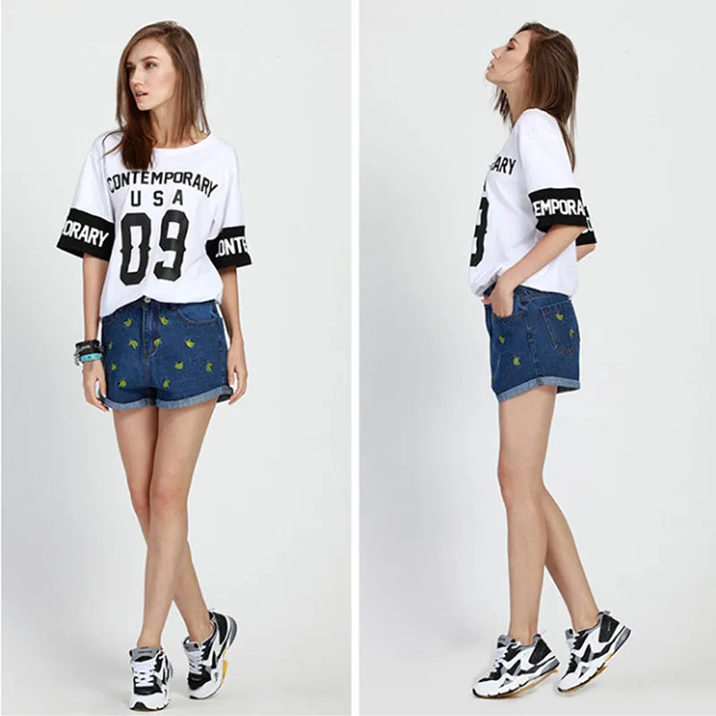 Джинсовые шорты женские летние джинсовые с вышивкой банана 2017 повседневные на