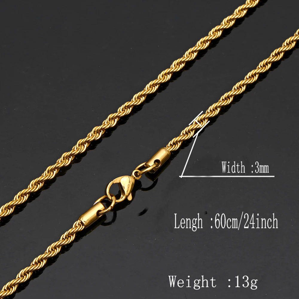 Men Women Hip Hop Rapper's Twist Chain 3mm 24&quot Stainless Steel Gold Silver Color Rope Link Clavicle Necklace Fashion Jewelry |