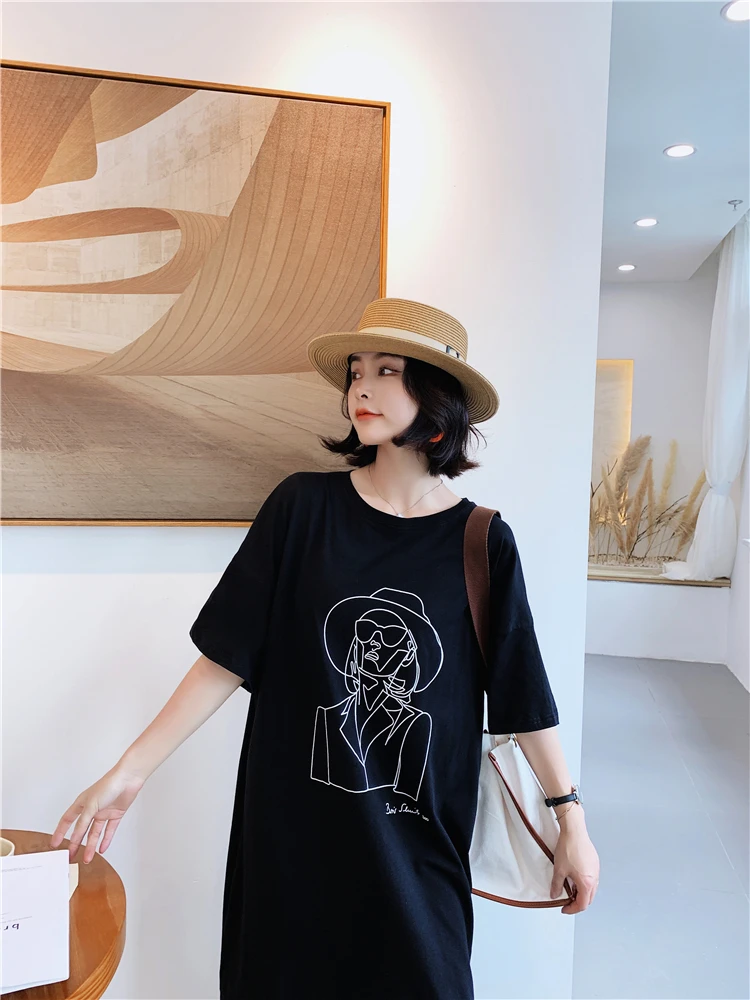 Fashion Cartoon Print Plus Size Summer Dress Cotton Casual O-Neck T-shirt Batwing Sleeve Women Dress Tops Vestidos De Fiesta