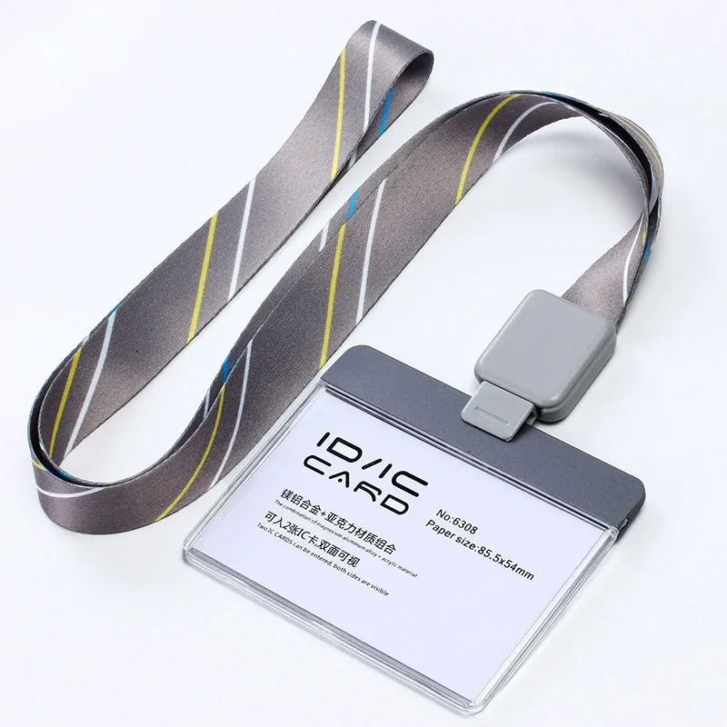 Acrylic Clear Access Card ID IC Card Badge Holder Work Card with Polyester Lanyard,Factory Price, LOGO Custom Lanyard - Цвет: H stripe grey