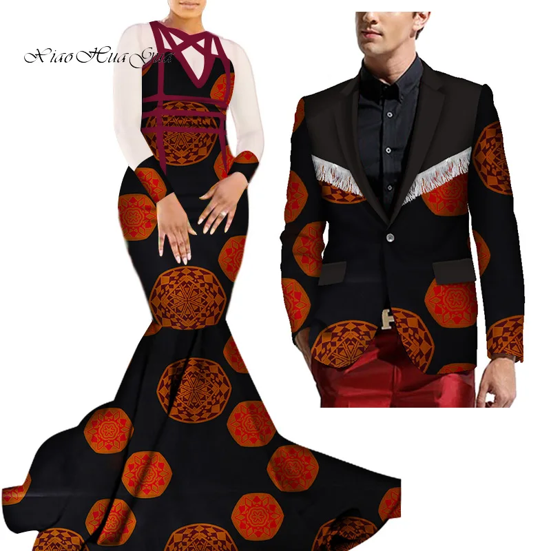 18 African Mermaid Bazin Riche Dresses for Couples Dashiki African Couple Clothing Women's Dress+Men's Blazer 2 Pieces Set WYQ275 - Color: 18