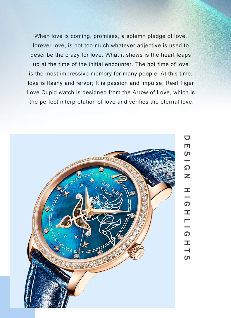 Новые модные женские часы Reef Tiger/RT, часы из нержавеющей стали с синим циферблатом для влюбленных, женские часы с бриллиантами RGA1550