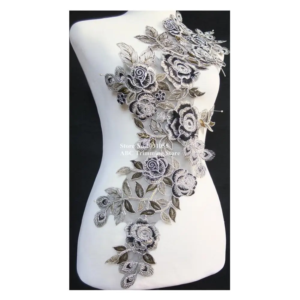 15pcs/lot x Long Silver/Black Rose Flower Embroidery Lace Appliques Collar on Organza Dance Dress Costume Wedding DECOR TBNC117B | Дом и сад