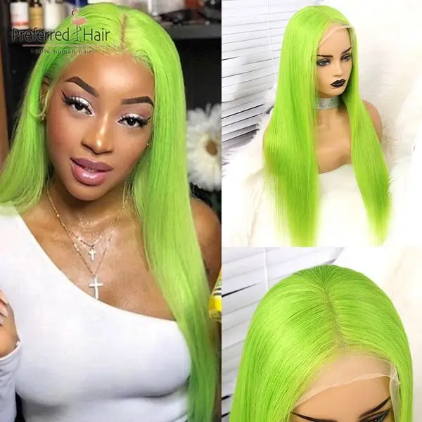 Lime Green Wig Предпочитаемый красный синий желтый фиолетовый Лайм зеленый 13x6 парик на кружеве предварительно выщипанный Remy Бесклеевой бразильский полный парик на шнурке для женщин - Цвет: Lime Green Wig