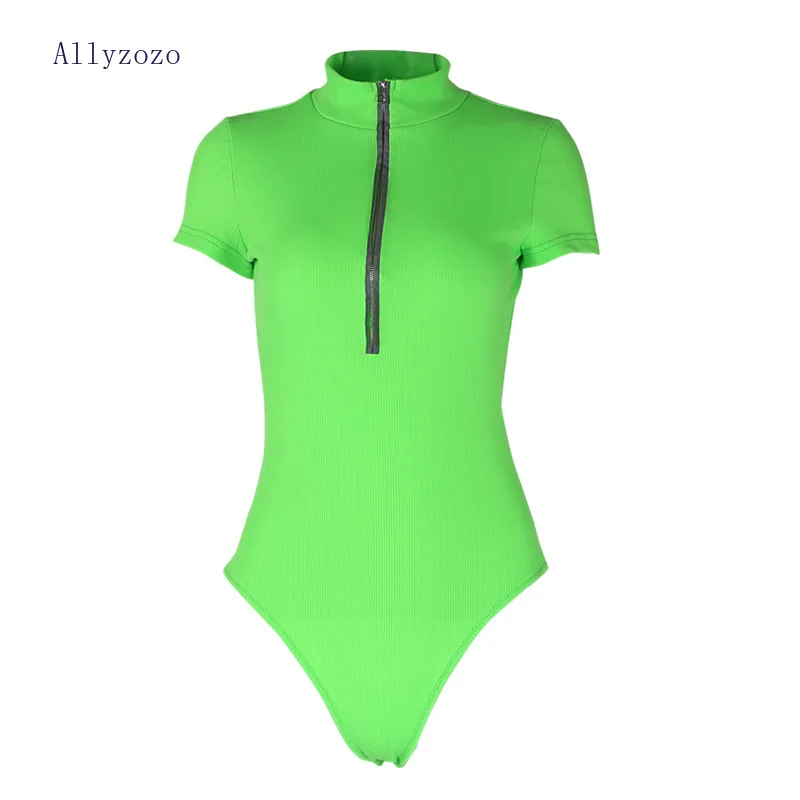 High Street Sexy Reflective Zipper Down Green Bodysuits for Women Sheath Rompers playsuits | Женская одежда