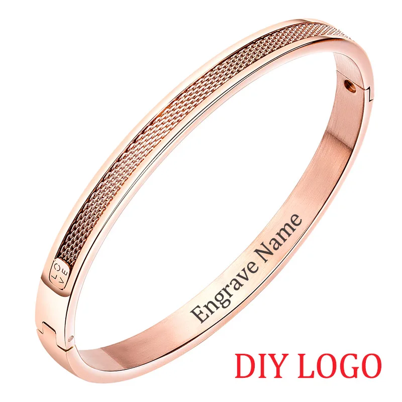 rose gold diy logo Азиз Аль Сауд BEKKAOUI персонализированные Для женщин, украшения для женщин и девочек браслеты из розового золота для Для женщин охватывающая деталь из нержавеющей стали на заказ выгравированное имя Браслеты - Окраска металла: rose gold diy logo