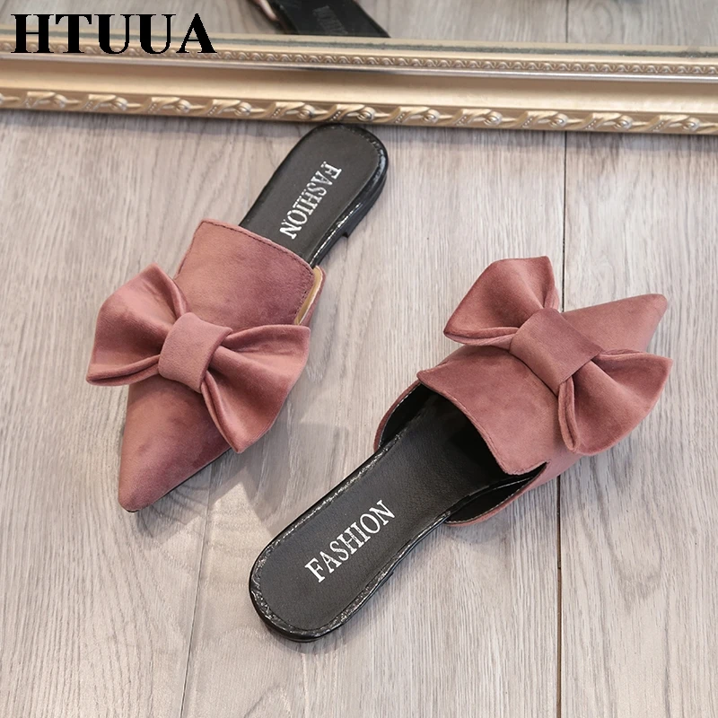 HTUUA/летние туфли без задника из флока женские шлепанцы с острым носком на плоской