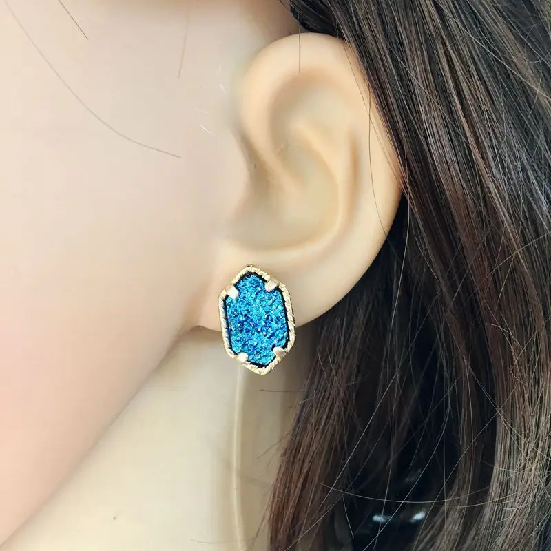 10 видов цветов Drusy Druzy серьги гвоздики из шестигранной смолы калаллейт Howlite камень