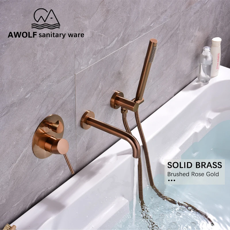 Bathtub Faucet Brushed Rose Gold Chic Wall Mounted Bathroom Shower Spout Solid Brass 3 Pcs Mixer Tap Bath AH3024C | Обустройство дома