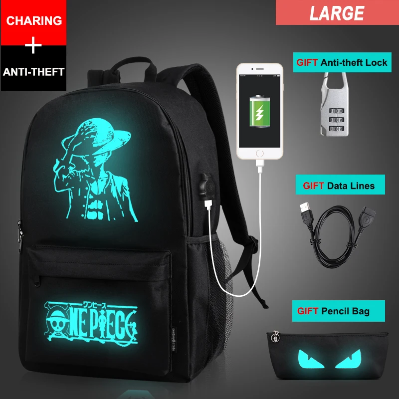 Large One Piece Противоугонный ночник, школьные сумки, зарядка через usb, мужские светящиеся рюкзаки, Mochila, модный мультяшный школьный рюкзак для студентов - Цвет: Large One Piece