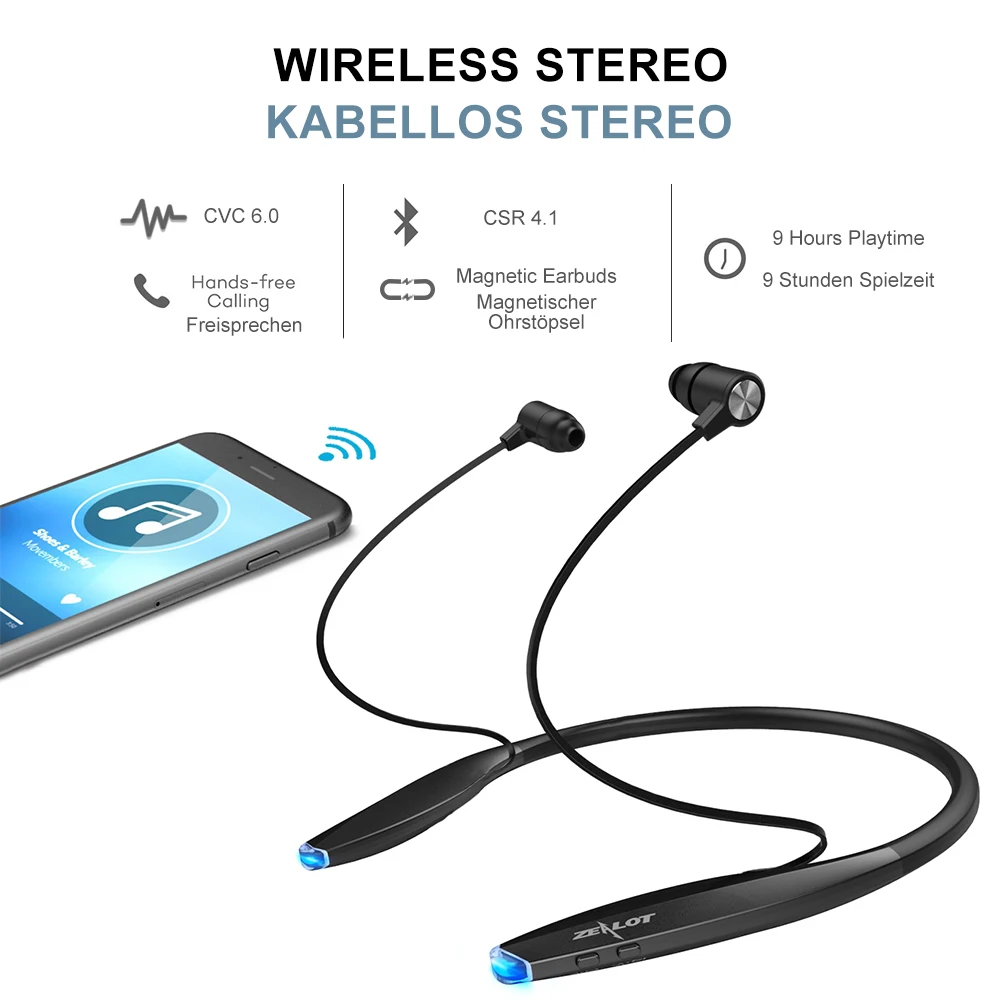 ZEALOT H7 Bluetooth наушники с магнитом водонепроницаемые шейные беспроводные наушники спортивные наушники с микрофоном для телефонов