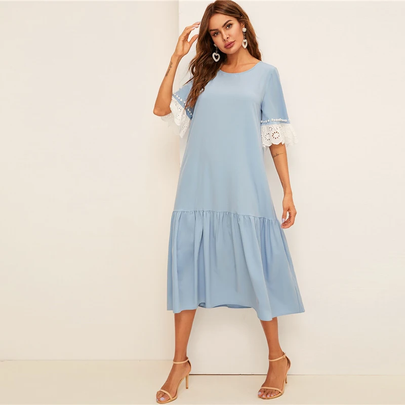 SHEIN модное платье с бусинами и вышитыми манжетами,, голубое весенне-летнее платье с коротким рукавом, туника с заниженной талией, женские платья