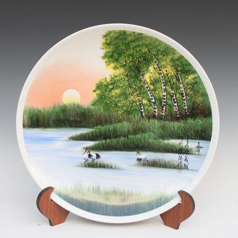 Antique Inmitation Ceramic Porcelain Decoration Plate Artistic Collection with Handpainted Crane and River Scenery Painting | Дом и сад
