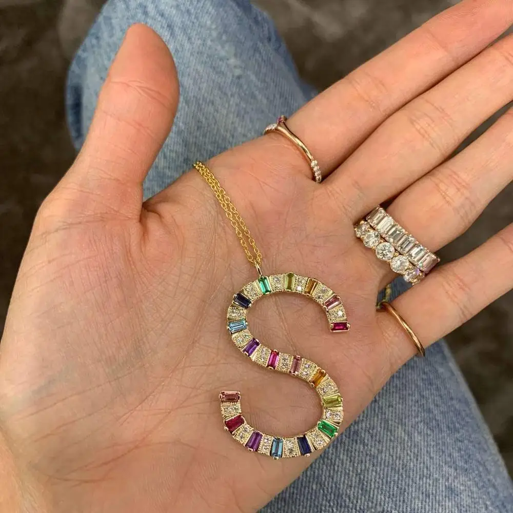 Ожерелье с именной надписью радужная красочная багета фианитами большой алфавит