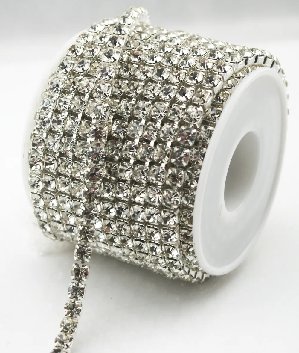 

10 Yards silver base strass rhinestone chain clear crystal SS6 to SS24 intensive diy wedding dress accessories