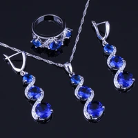 sweet round blue cubic zirconia white cz silver plated jewelry sets earrings pendant chain ring v0030