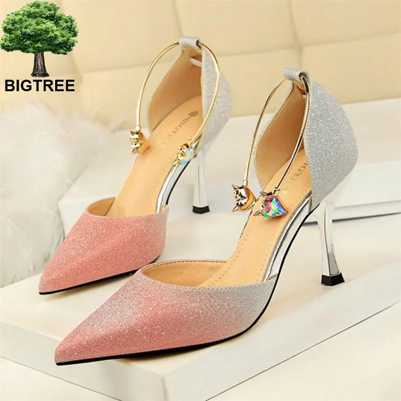 

BIGTREE Pointed Toe Crystal Metal Ring Women's Sandals Mixed Colors Sequined Cloth Women Sexy Side Cut-Outs Party Shoes Shallow