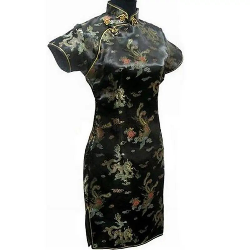 Black 3 Элегантное тонкое платье размера плюс, Qipao, новинка, китайское женское платье из вискозы, воротник-стойка, винтажное платье Cheongsam Vestidos, S-3XL, 4XL, 5XL, 6XL - Цвет: Black 3