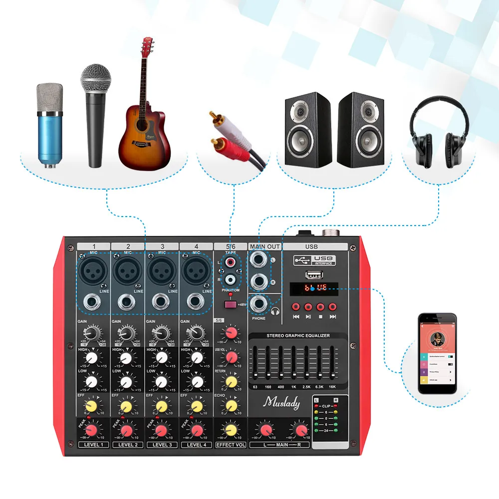 Портативный 6-канальный микшер Muslady D6 7-полосный EQ встроенный 48 в фантомное