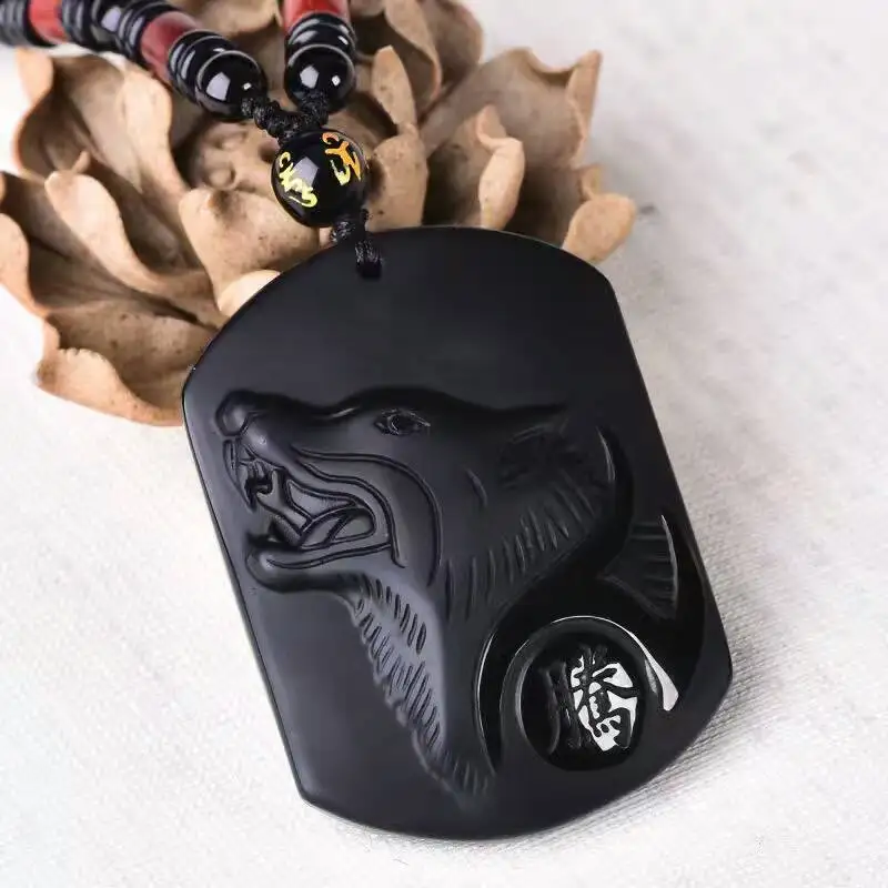 Natural Black Obsidian Carving Wolf Head Amulet pendant free necklace obsidian Blessing Lucky pendants fashion Jewelry | Дом и сад
