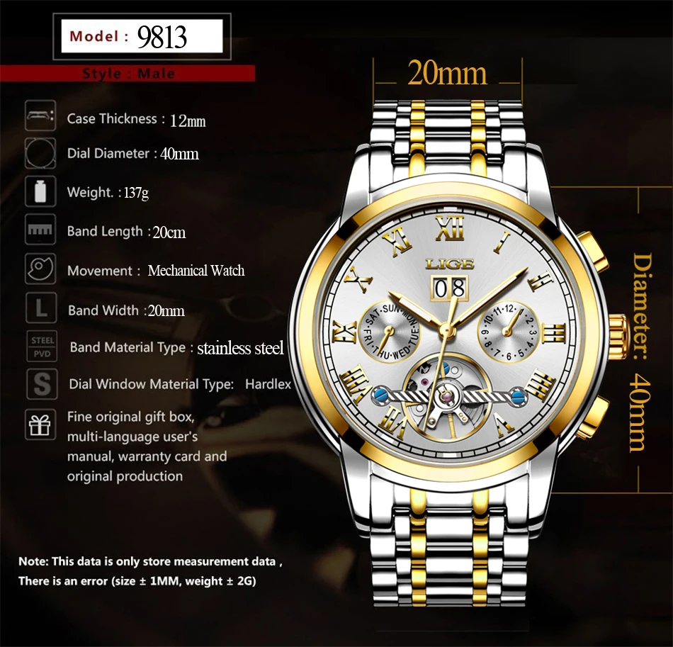

LIGE Top Brand Luxury Men's Sports Watches Men Waterproof mechanical Watch Man Full Steel Military Automatic Wrist watch Relojes