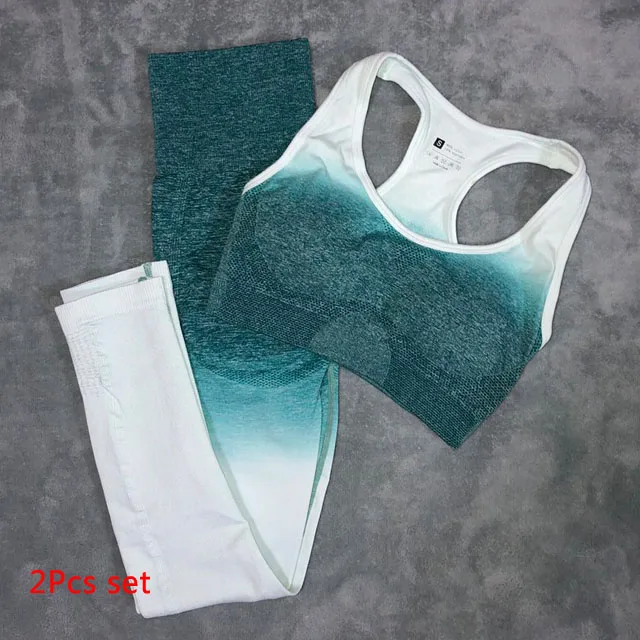 Green 2Pcs set 2 шт./компл. Йога Комплект спортивная одежда эффектом деграде(переход от темного к спортивный бюстгальтер Бесшовные Леггинсы спортивный костюм Для женщин Фитнес набор для ношения при активном образе жизни - Цвет: Green 2Pcs set
