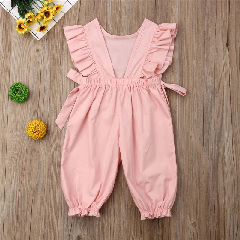 Summer Ruffle Sleeveless O-Neck Solid Pink Cotton Bow Outfits Clothes Costume Clothing Newborn Infant Kid Baby Girls Romper | Детская