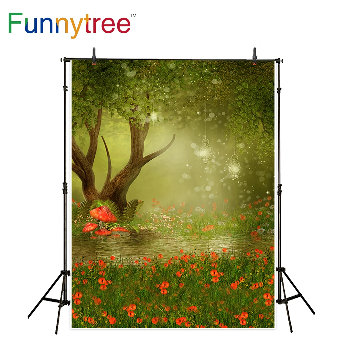

Funnytree glitter magic forest background for photo studio tree flower mushroom river backdrop photocall photography printed