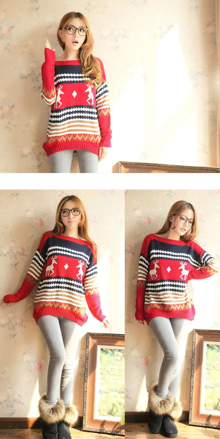 

high quality O- collar pullover animal reindeer sleeve long Knitted Winter Warm Christmas sweater Women