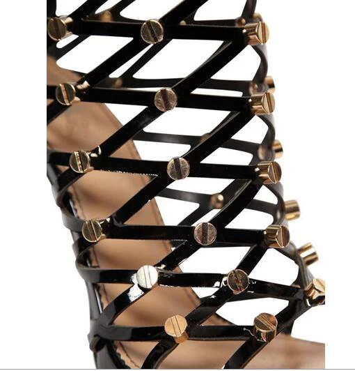 

Women newest Summer boots sexy high heel boots over the knee peep toe metal decoration cutouts women thigh high boots black