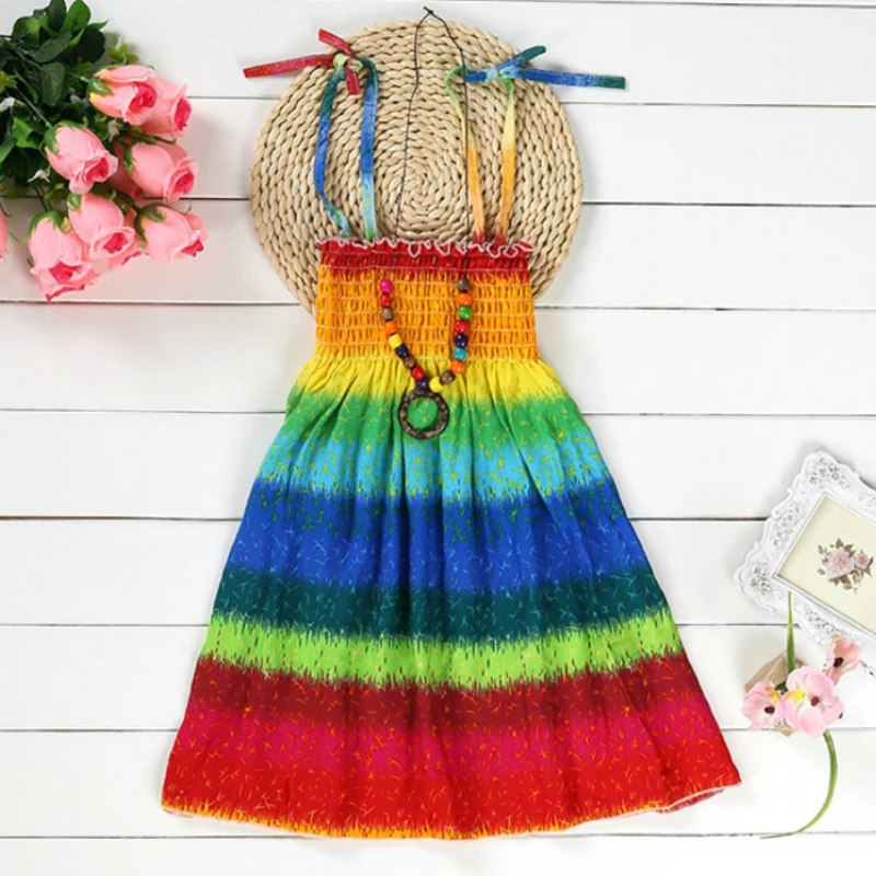 Богемное платье для девочек пляжное с ожерельем из бусин Открытое без рукавов