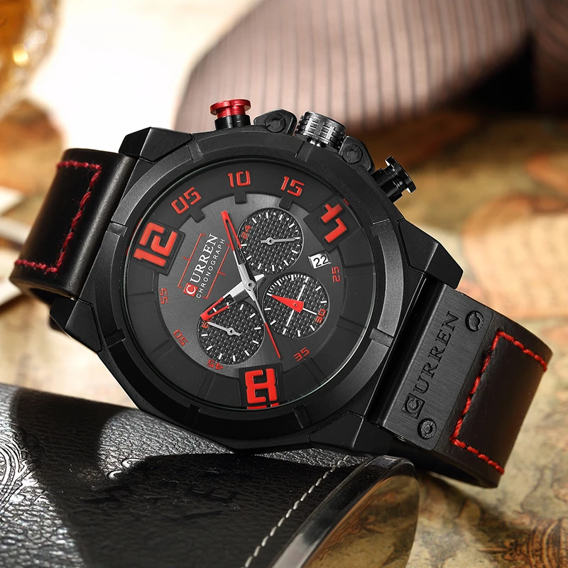 Luxury Brand Curren Chronograph Men Sports Watches Waterproof Quartz Wrist Watch Leather Strap Male Clock relogio masculino | Наручные