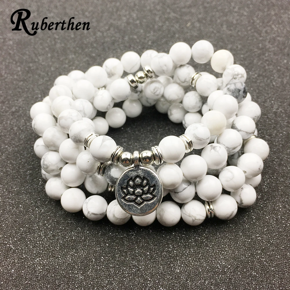 Женский браслет Ruberthen модный 108 Mala Howlite с цветком лотоса или колье высокое