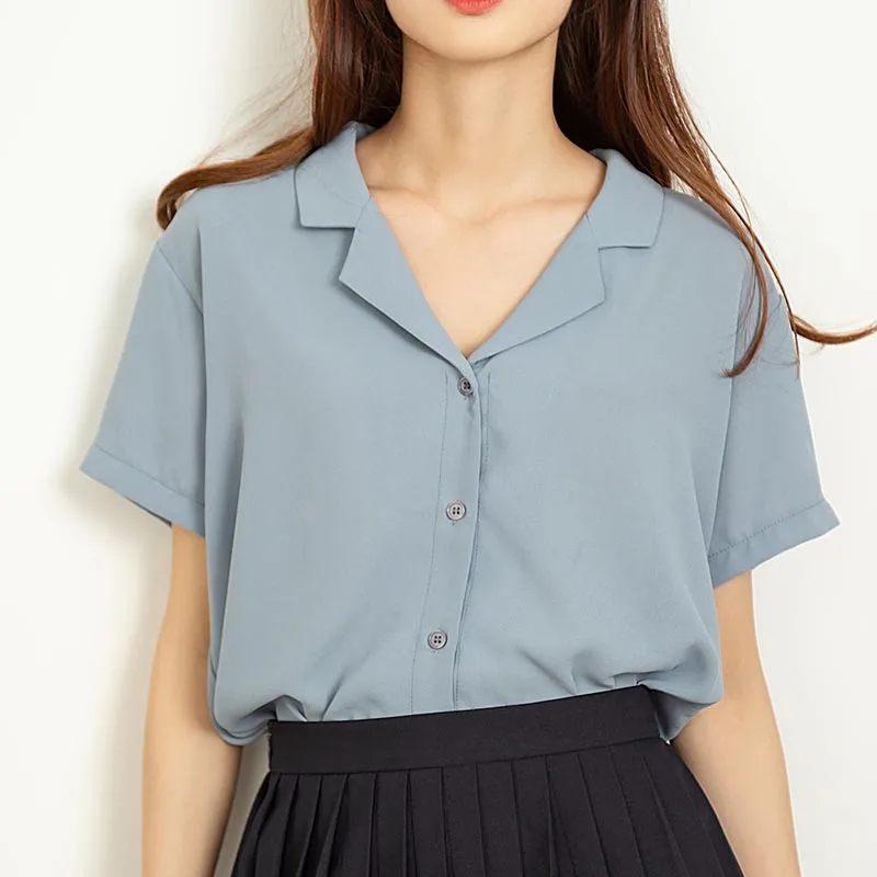 Summer Women Tops Chiffon Blouse Button Loose Shirt Solid Color V-Neck Blusa Feminina Short Sleeves Ladies Office |