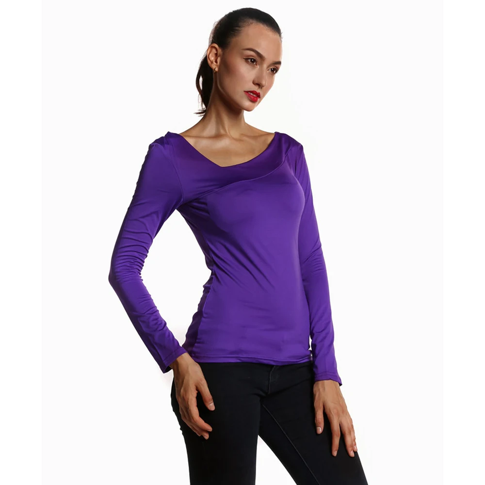 Женская элегантная рубашка фиолетового цвета с v-образным вырезом и длинным