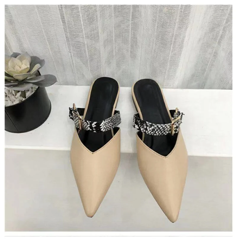 Beige Bailehou/женские шлепанцы; женские шлепанцы с острым носком; шлепанцы на плоской подошве; женские Вьетнамки; сандалии из змеиной кожи; Летняя обувь - Цвет: Beige