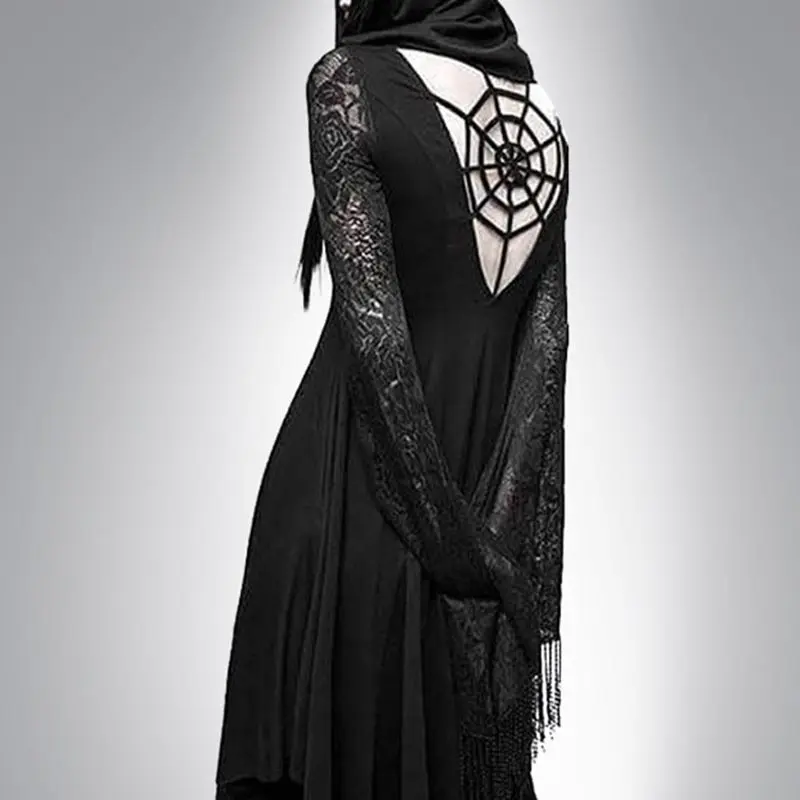Готическое платье миди с капюшоном женское сексуальное кружевное открытой