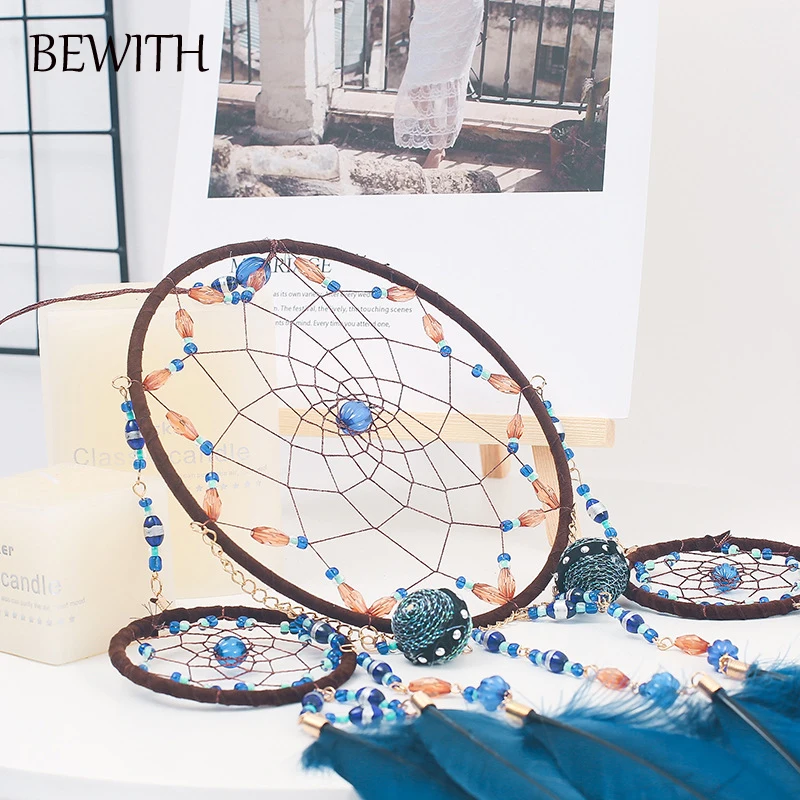BEWITH 3 кольца Ловец снов с голубым пером Бар &amp домашний настенный подвесной кулон