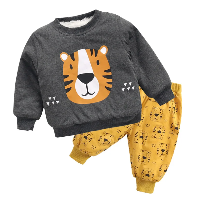 kids toddler clothing boys warm winter outfit boy tracksuit children baby sweatshirt + pants with fleece animal tiger clothes |
