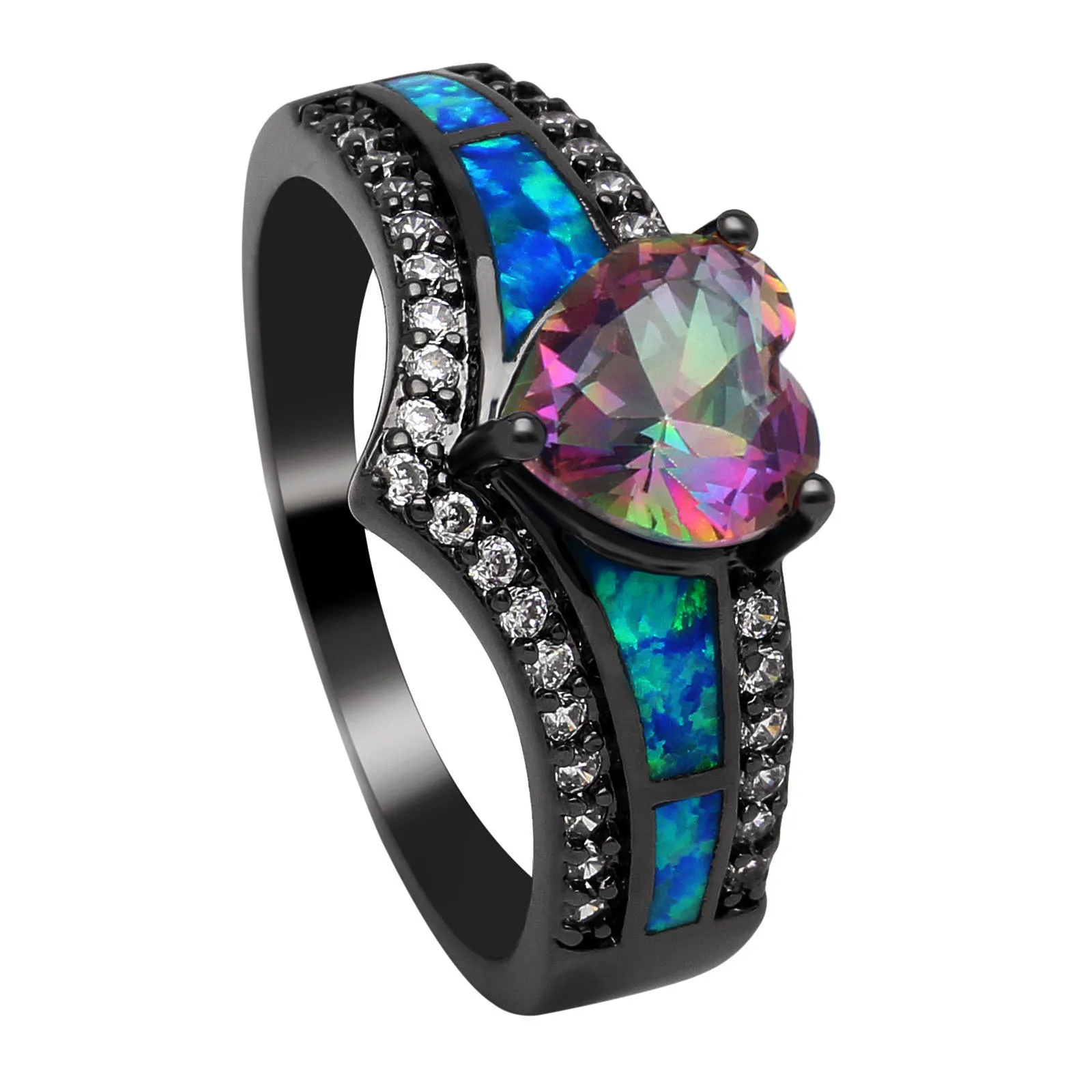 

Black Plated Rainbow Blue Purple Stone Blue Opal Heart Rings for Women Wholesale Fashion Jewelry Cocktail Ring Gift RC0105