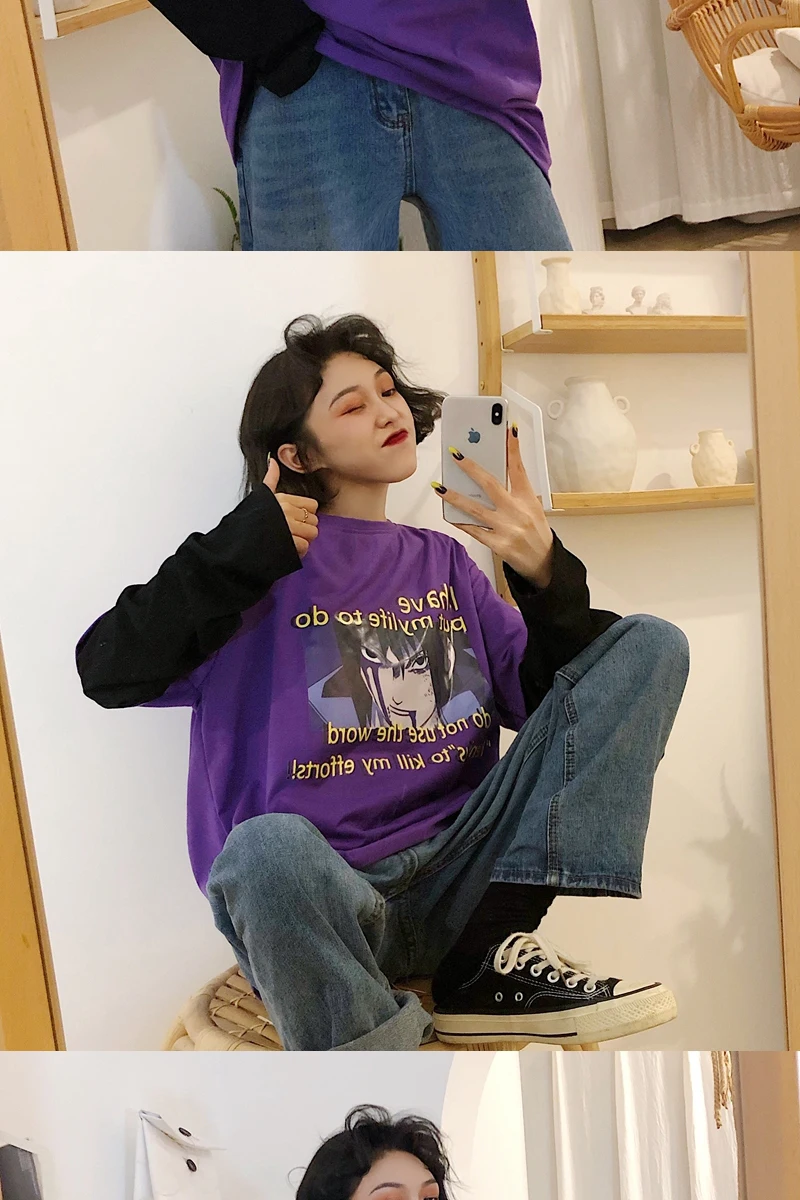 Camisetas Mujer, осенняя женская футболка, Корейская уличная футболка Ulzzang Harajuku с мультяшным принтом, футболка с длинным рукавом, женские топы